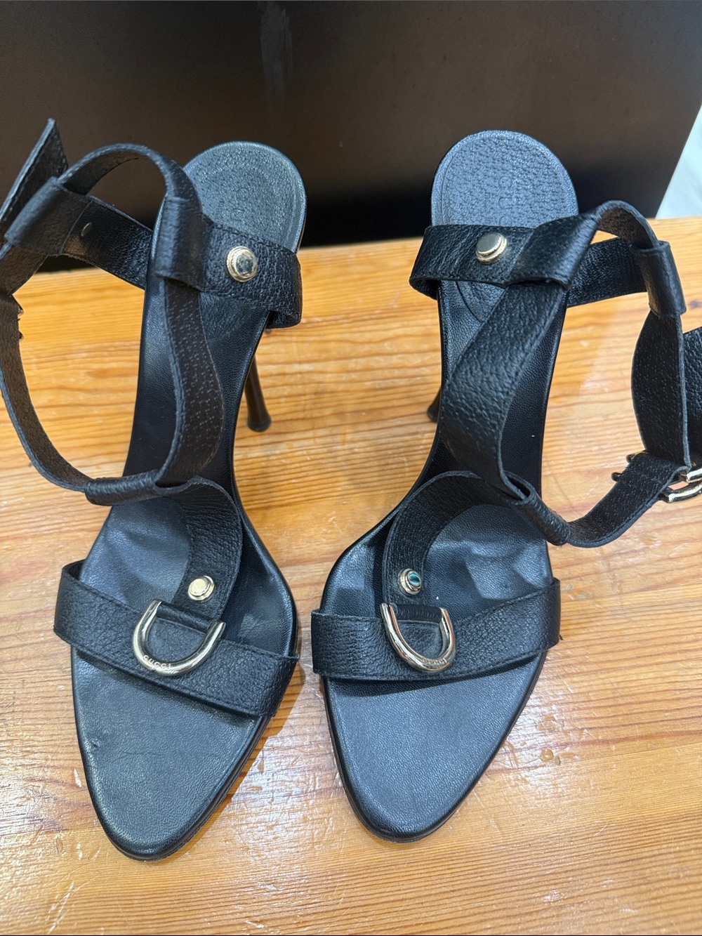 Gucci Black Leather Strappy High Heel Sandals with Gold Hardware